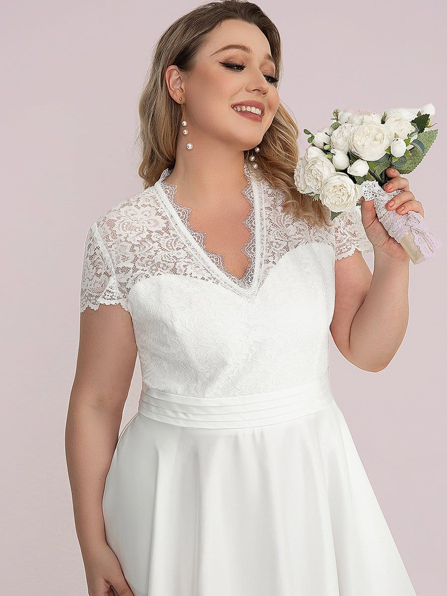 Custom Size V-neck Lace Bodice A-line Cocktail Dress with Sleeves #color_White