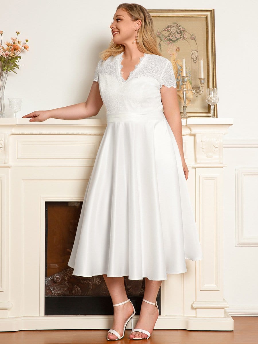 Plus Size White V-neck Formal Cocktail Dress with Pockets - Ever-Pretty US