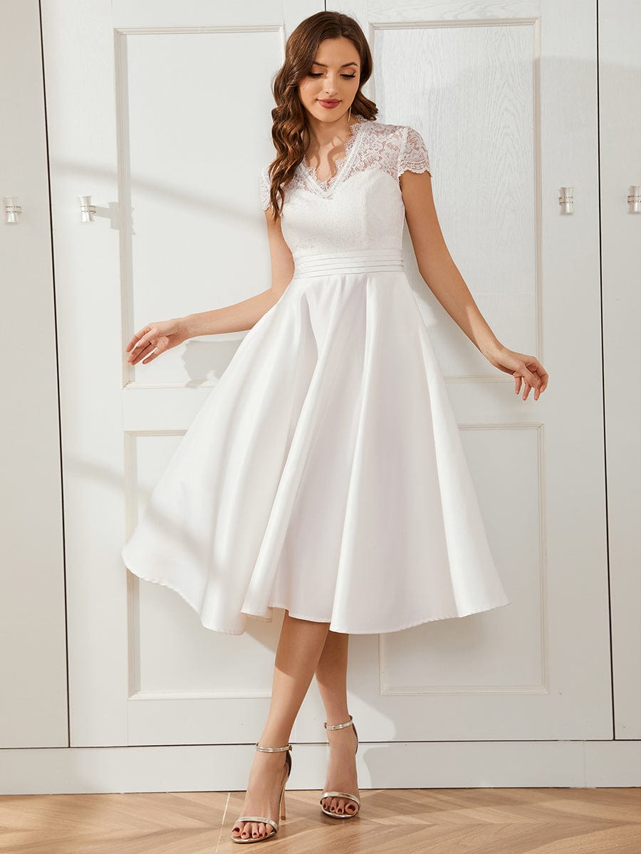 Romantic V-neck Lace Bodice A-line Cocktail Dress #color_White