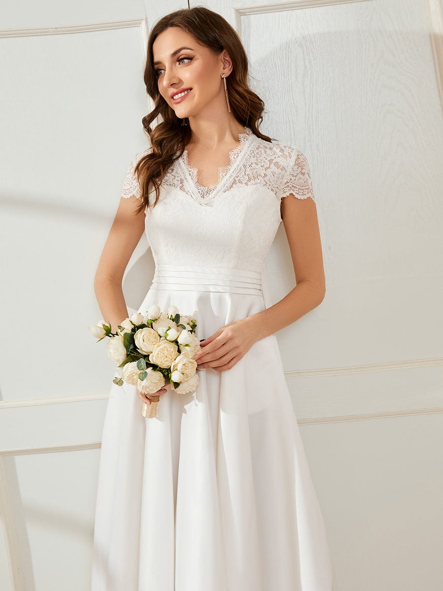 Romantic V-neck Lace Bodice A-line Cocktail Dress #color_White