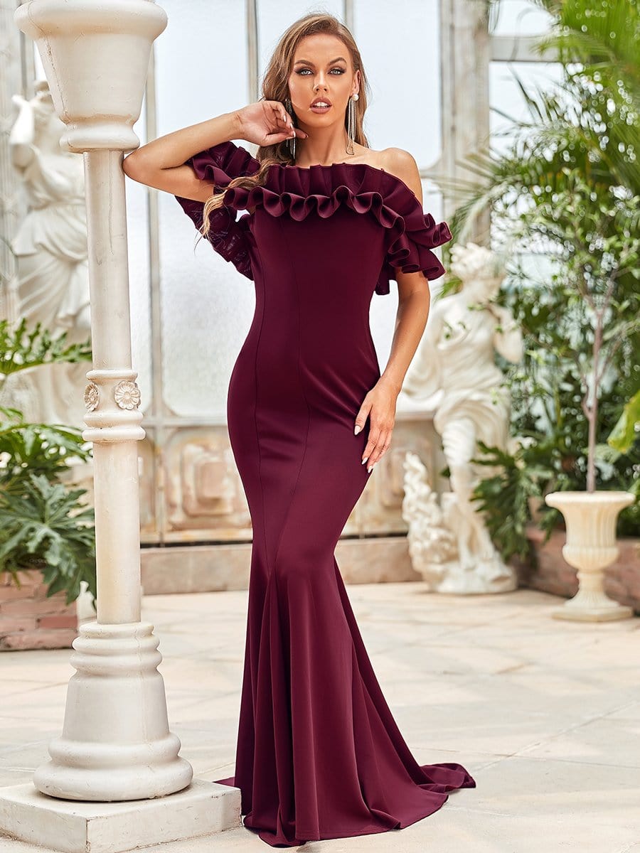 Off The Shoulder A Line Mermaid Maxi Evening Gown #color_Burgundy