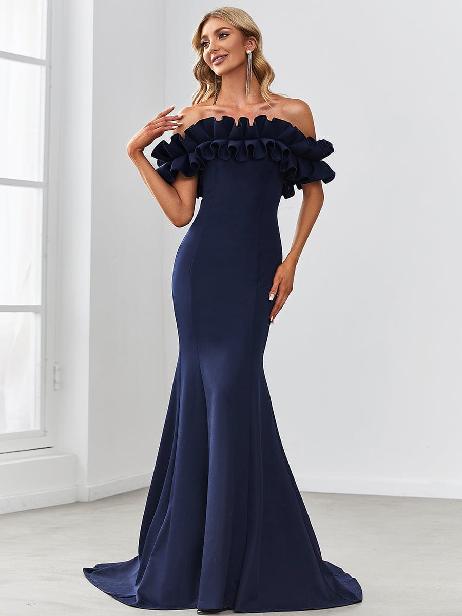 Off The Shoulder A Line Mermaid Maxi Evening Gown #color_Navy Blue