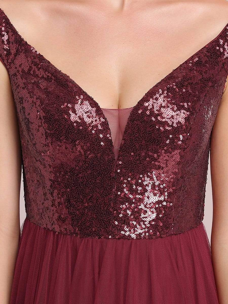 Shiny Sequin Bodice Off the Shoulder Maxi Tulle Evening Dress #color_Burgundy