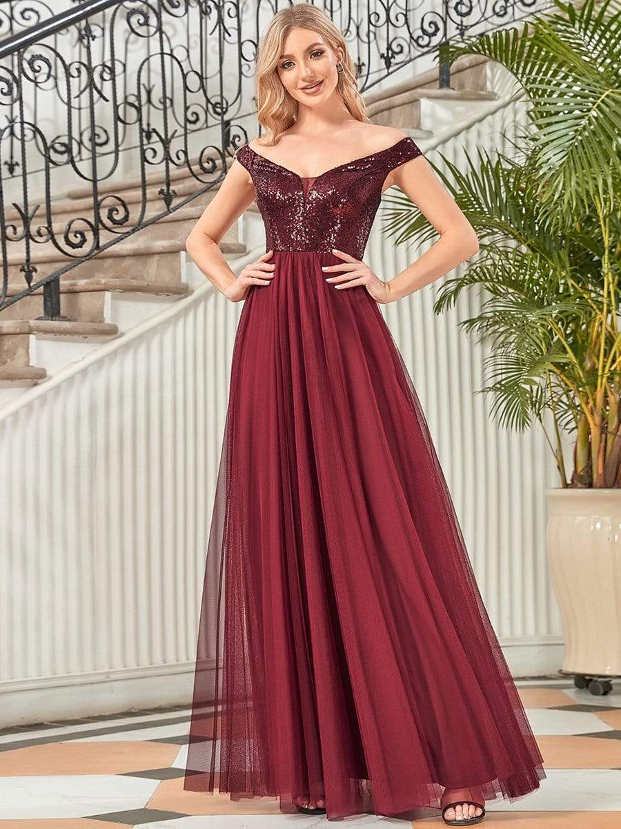 Shiny Sequin Bodice Off the Shoulder Maxi Tulle Evening Dress #color_Burgundy