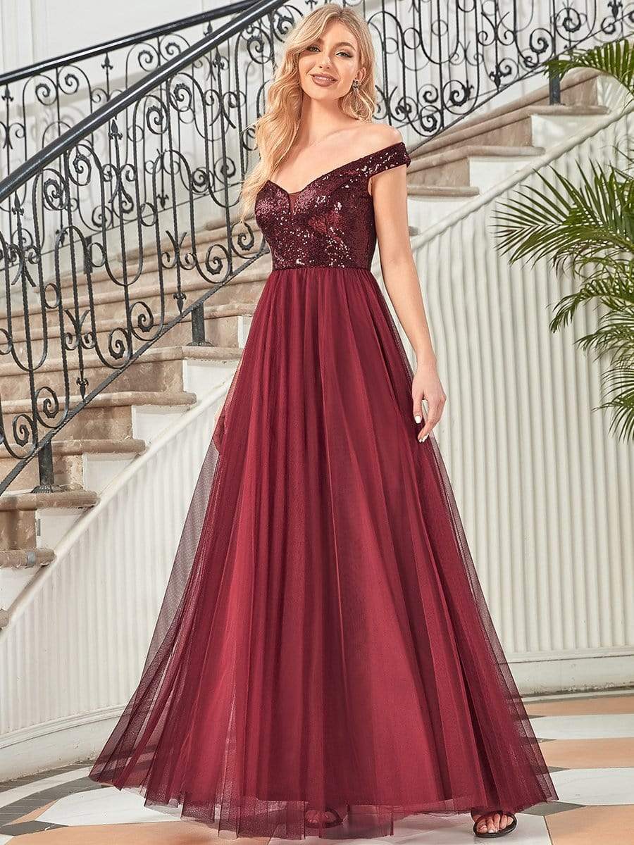 Shiny Sequin Bodice Off the Shoulder Maxi Tulle Evening Dress #color_Burgundy