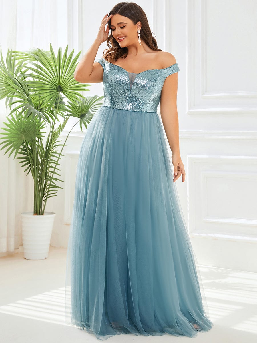 Custom Size A-line Sequin Off the Shoulder Maxi Tulle Evening Dress #color_Light Teal