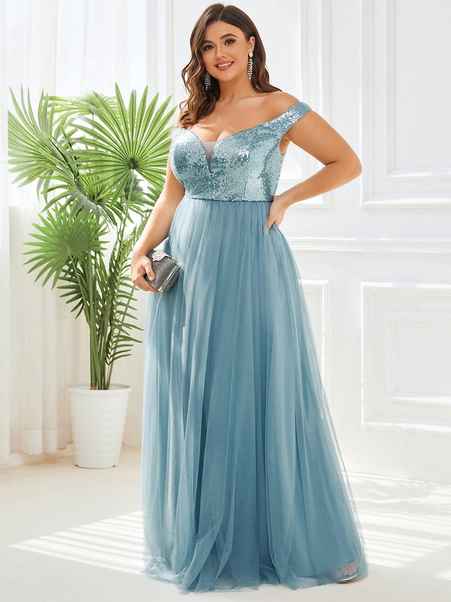 Custom Size A-line Sequin Off the Shoulder Maxi Tulle Evening Dress #color_Light Teal