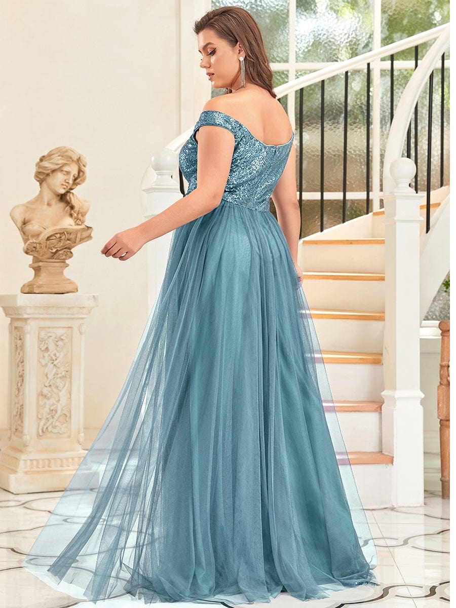 Shiny Sequin Bodice Off the Shoulder Maxi Tulle Evening Dress #color_Light Teal