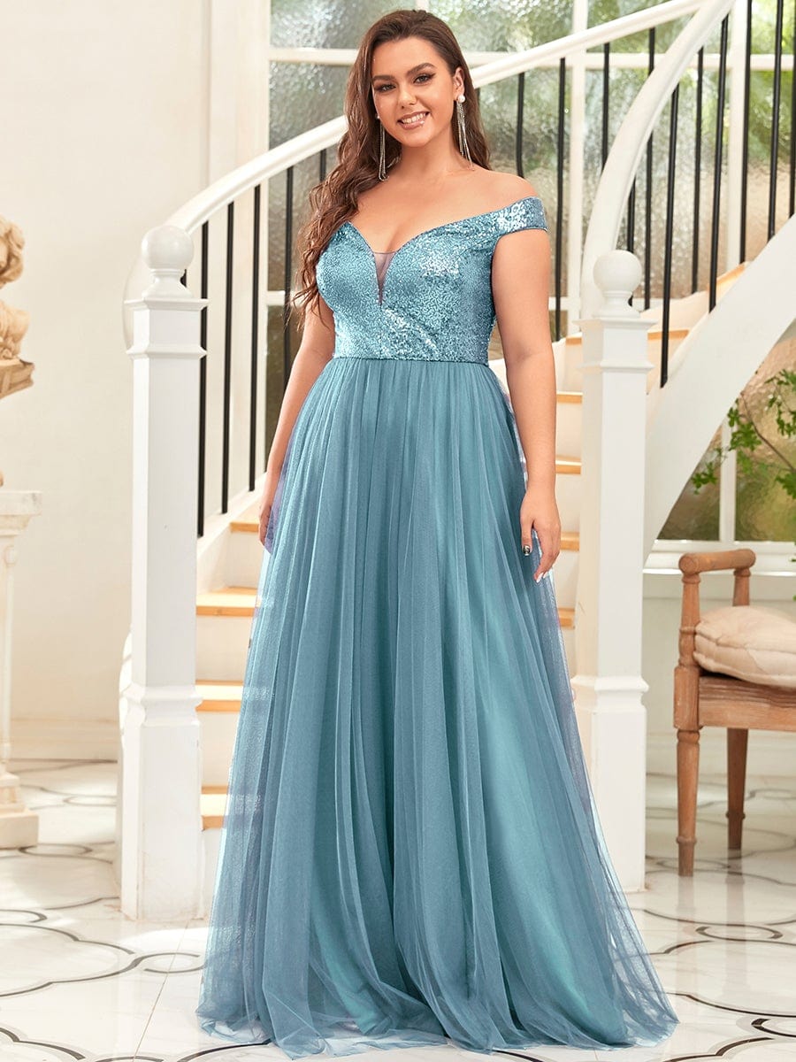 Shiny Sequin Bodice Off the Shoulder Maxi Tulle Evening Dress #color_Dusty Blue 