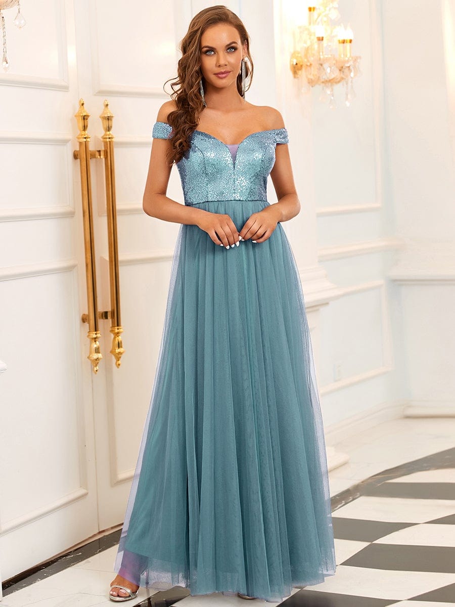 Shiny Sequin Bodice Off the Shoulder Maxi Tulle Evening Dress #color_Light Teal