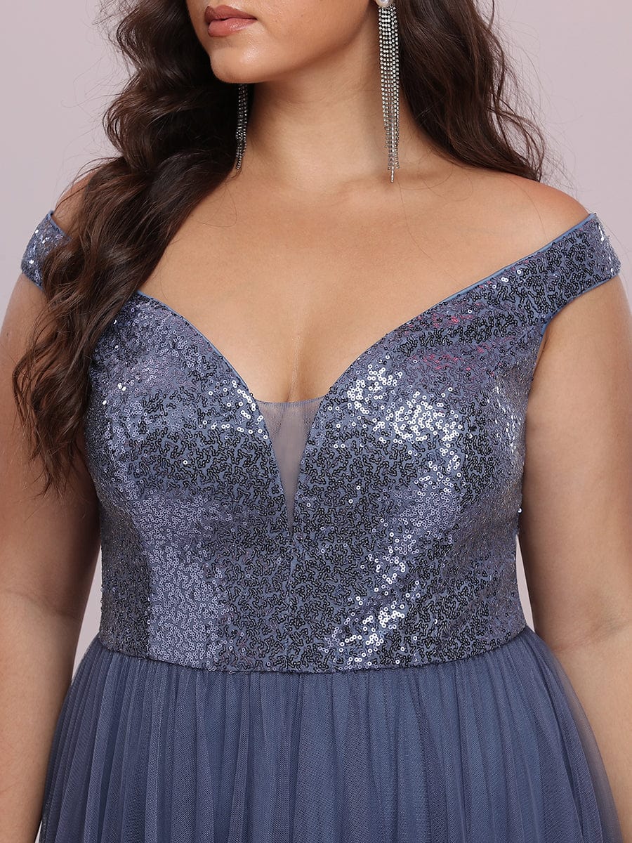 Custom Size A-line Sequin Off the Shoulder Maxi Tulle Evening Dress #color_Dusty Blue