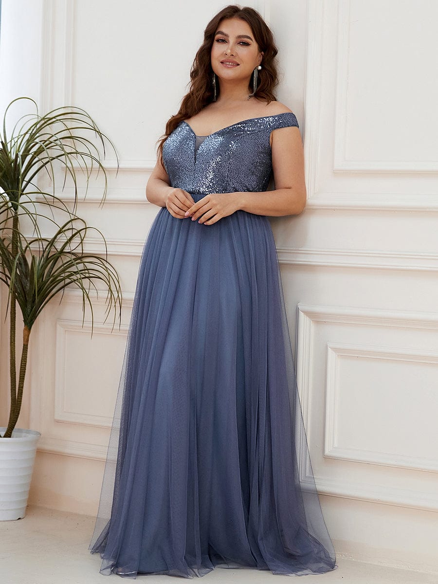 Custom Size A-line Sequin Off the Shoulder Maxi Tulle Evening Dress #color_Dusty Blue