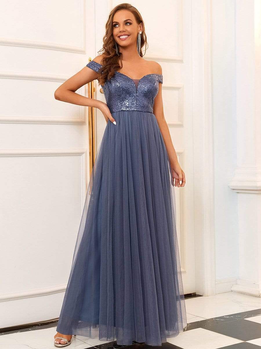 Shiny Sequin Bodice Off the Shoulder Maxi Tulle Evening Dress #color_Dusty Navy