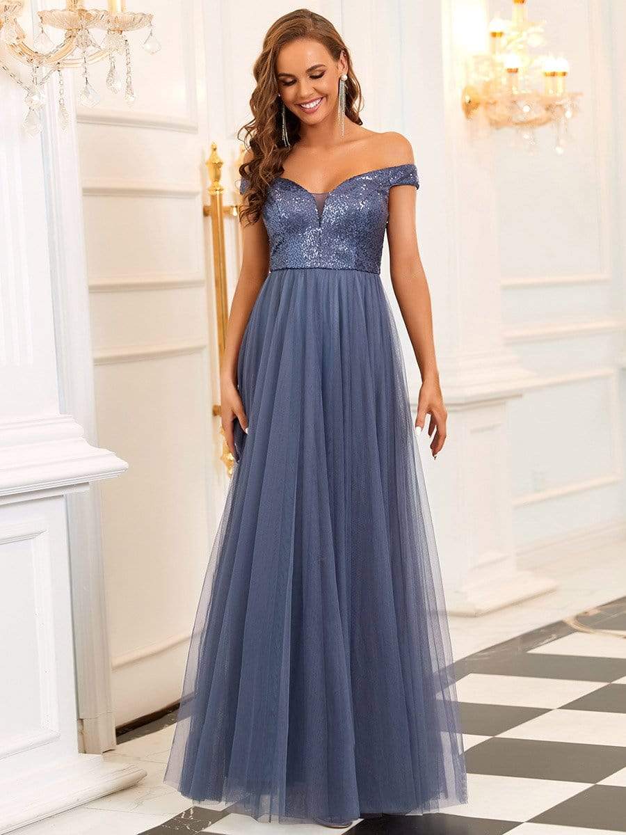 Shiny Sequin Bodice Off the Shoulder Maxi Tulle Evening Dress #color_Dusty Navy