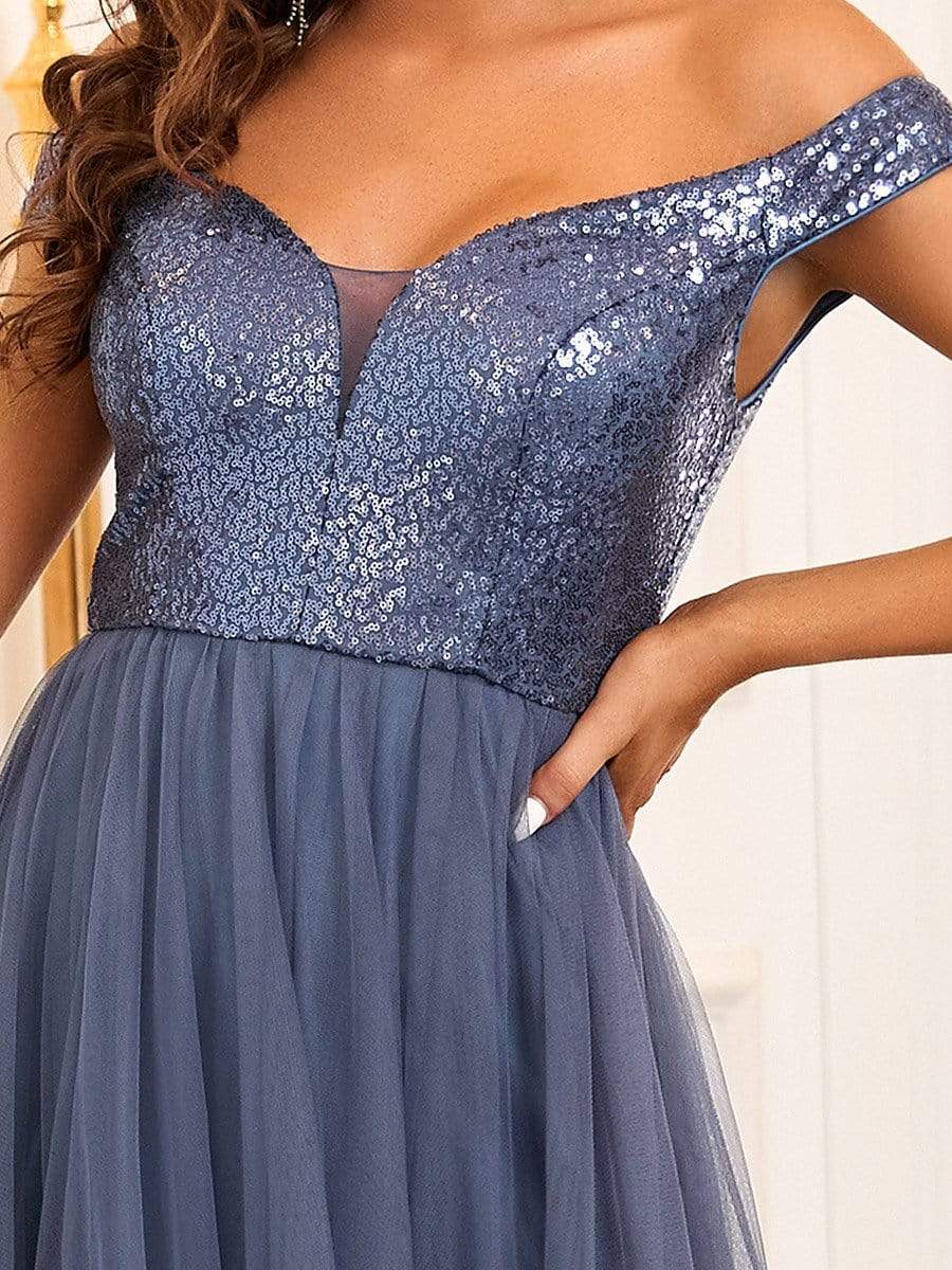 Shiny Sequin Bodice Off the Shoulder Maxi Tulle Evening Dress #color_Dusty Blue