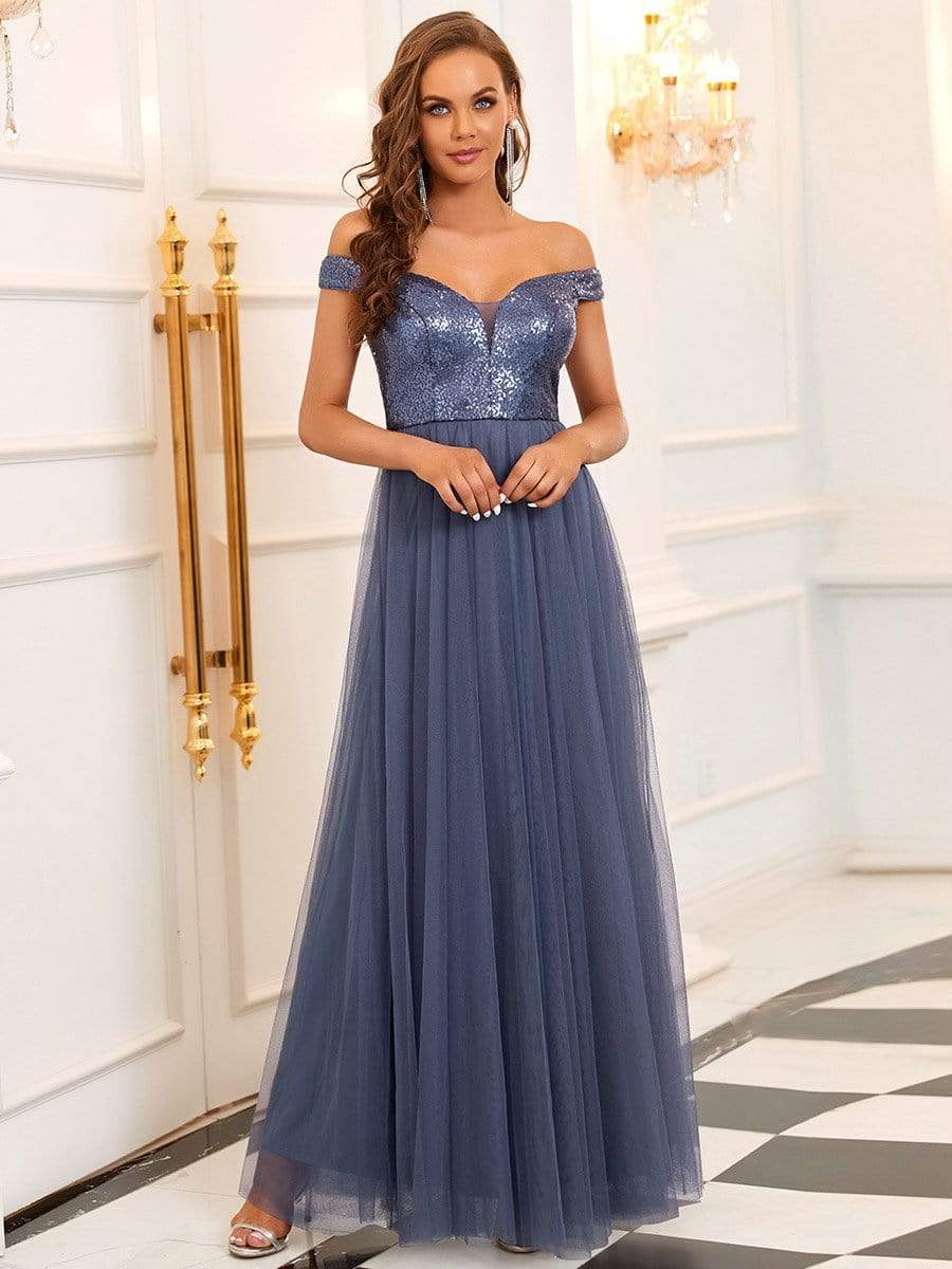 Shiny Sequin Bodice Off the Shoulder Maxi Tulle Evening Dress #color_Dusty Navy