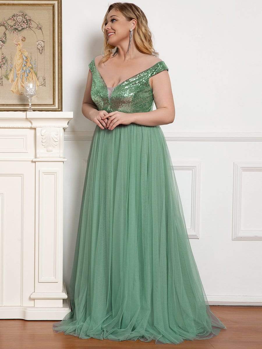 Shiny Sequin Bodice Off the Shoulder Maxi Tulle Evening Dress #color_Green Bean 