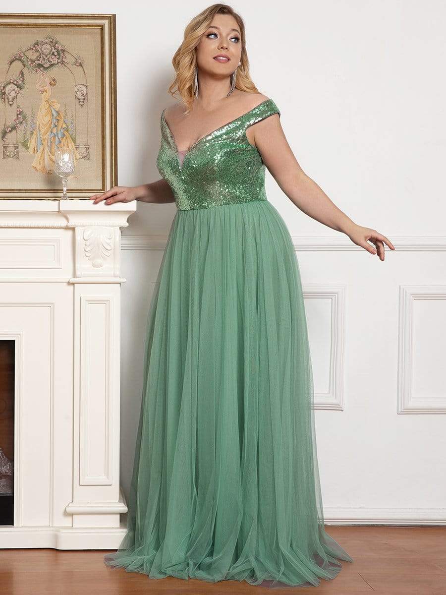 Shiny Sequin Bodice Off the Shoulder Maxi Tulle Evening Dress #color_Green Bean 