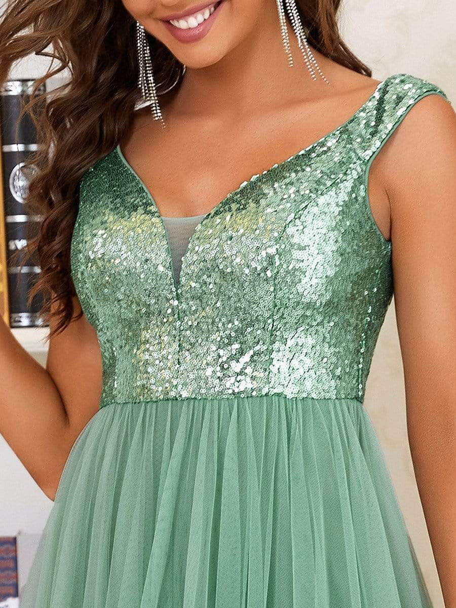 Shiny Sequin Bodice Off the Shoulder Maxi Tulle Evening Dress #color_Green Bean 