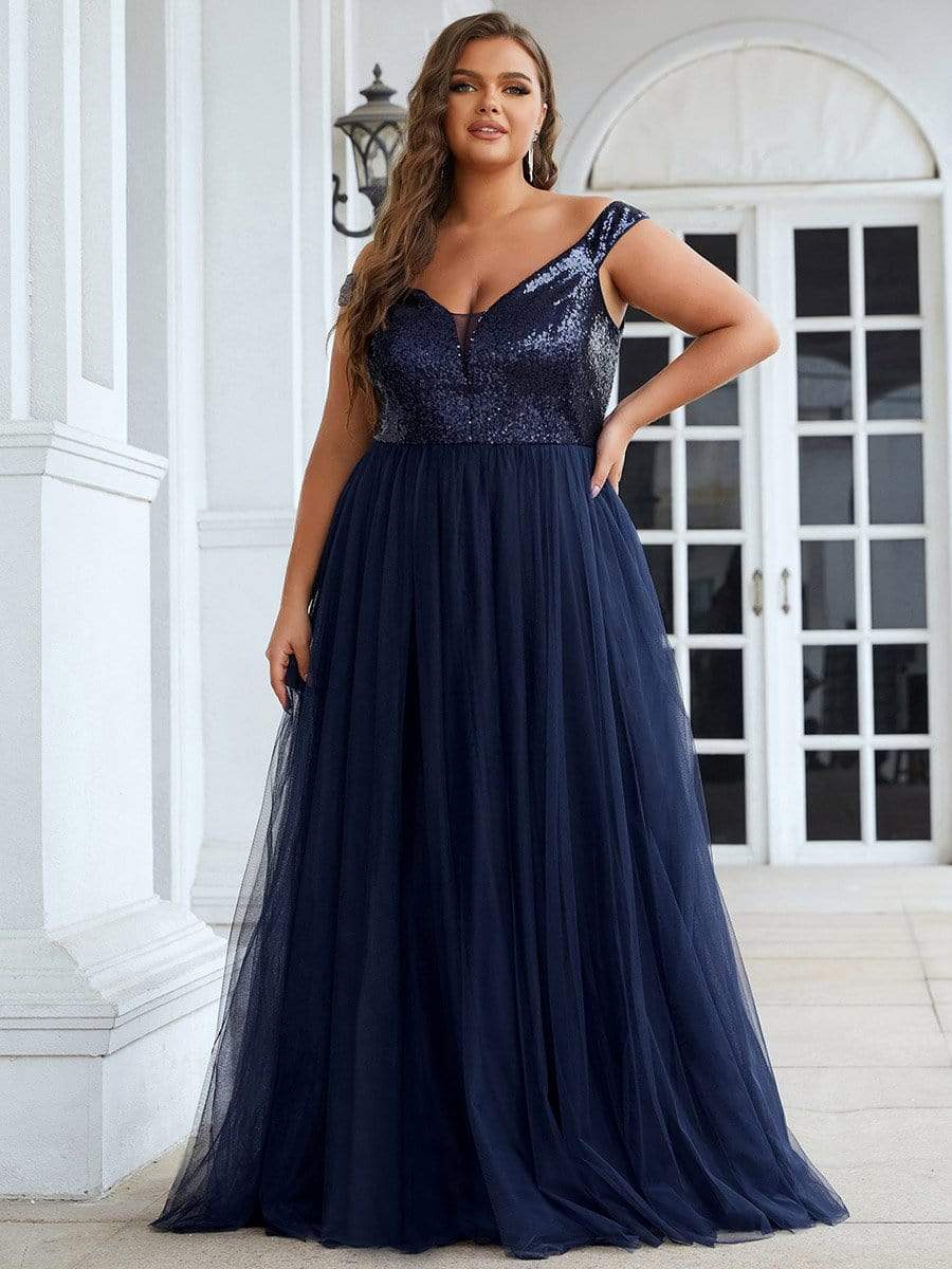 Shiny Sequin Bodice Off the Shoulder Maxi Tulle Evening Dress #color_Navy Blue