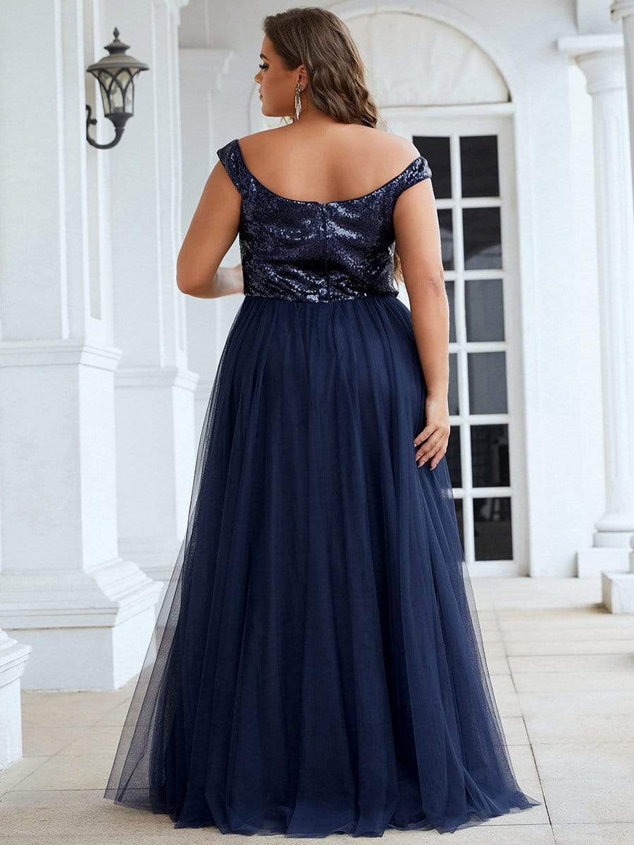 Shiny Sequin Bodice Off the Shoulder Maxi Tulle Evening Dress #color_Navy Blue