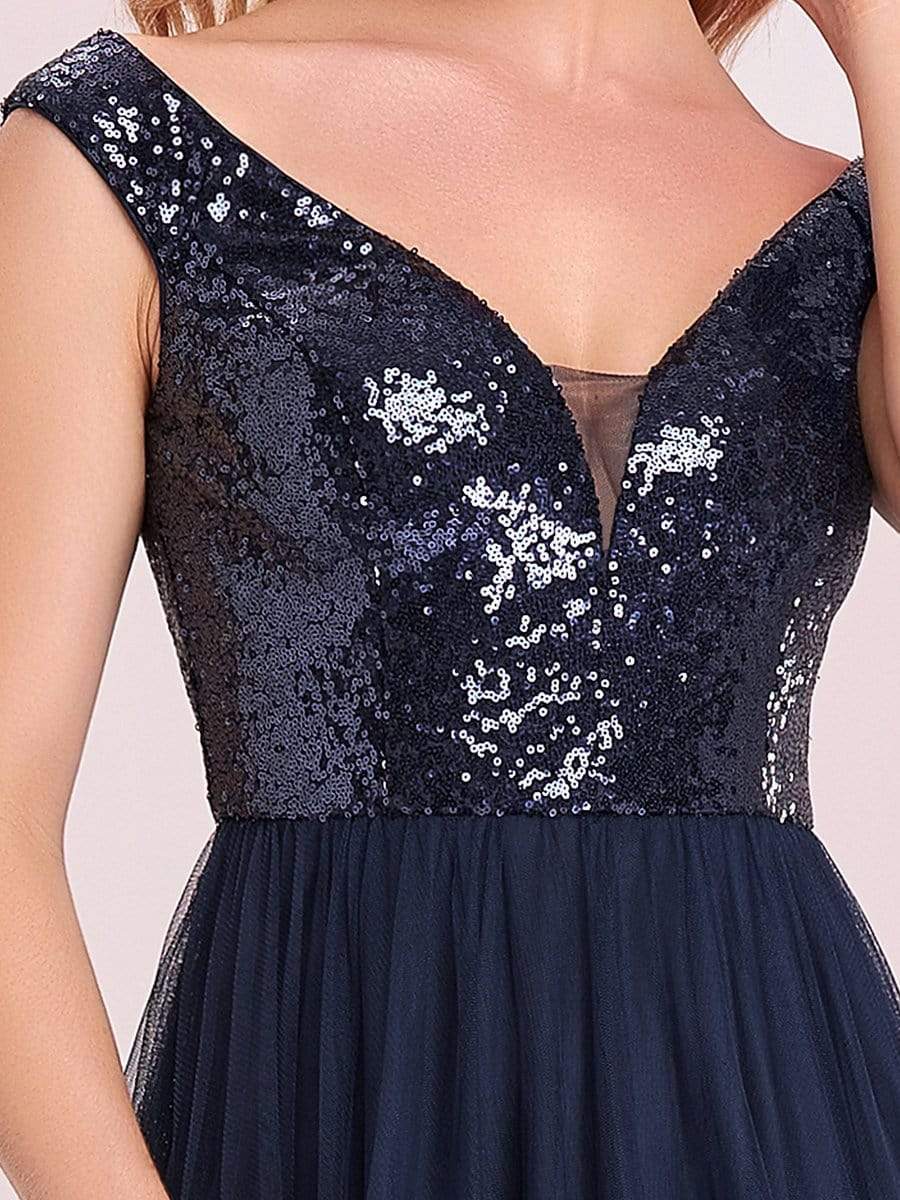 Shiny Sequin Bodice Off the Shoulder Maxi Tulle Evening Dress #color_Navy Blue