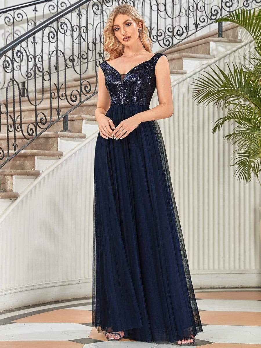 Shiny Sequin Bodice Off the Shoulder Maxi Tulle Evening Dress #color_Navy Blue