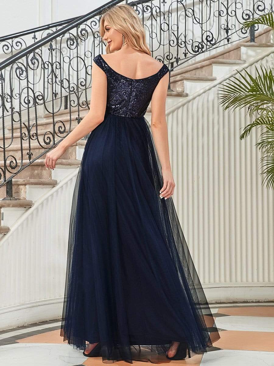 Shiny Sequin Bodice Off the Shoulder Maxi Tulle Evening Dress #color_Navy Blue