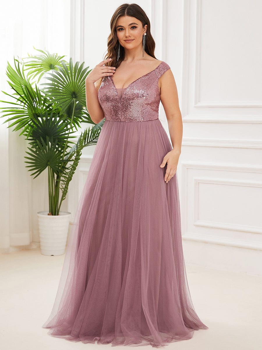 Custom Size A-line Sequin Off the Shoulder Maxi Tulle Evening Dress #color_Purple Orchid