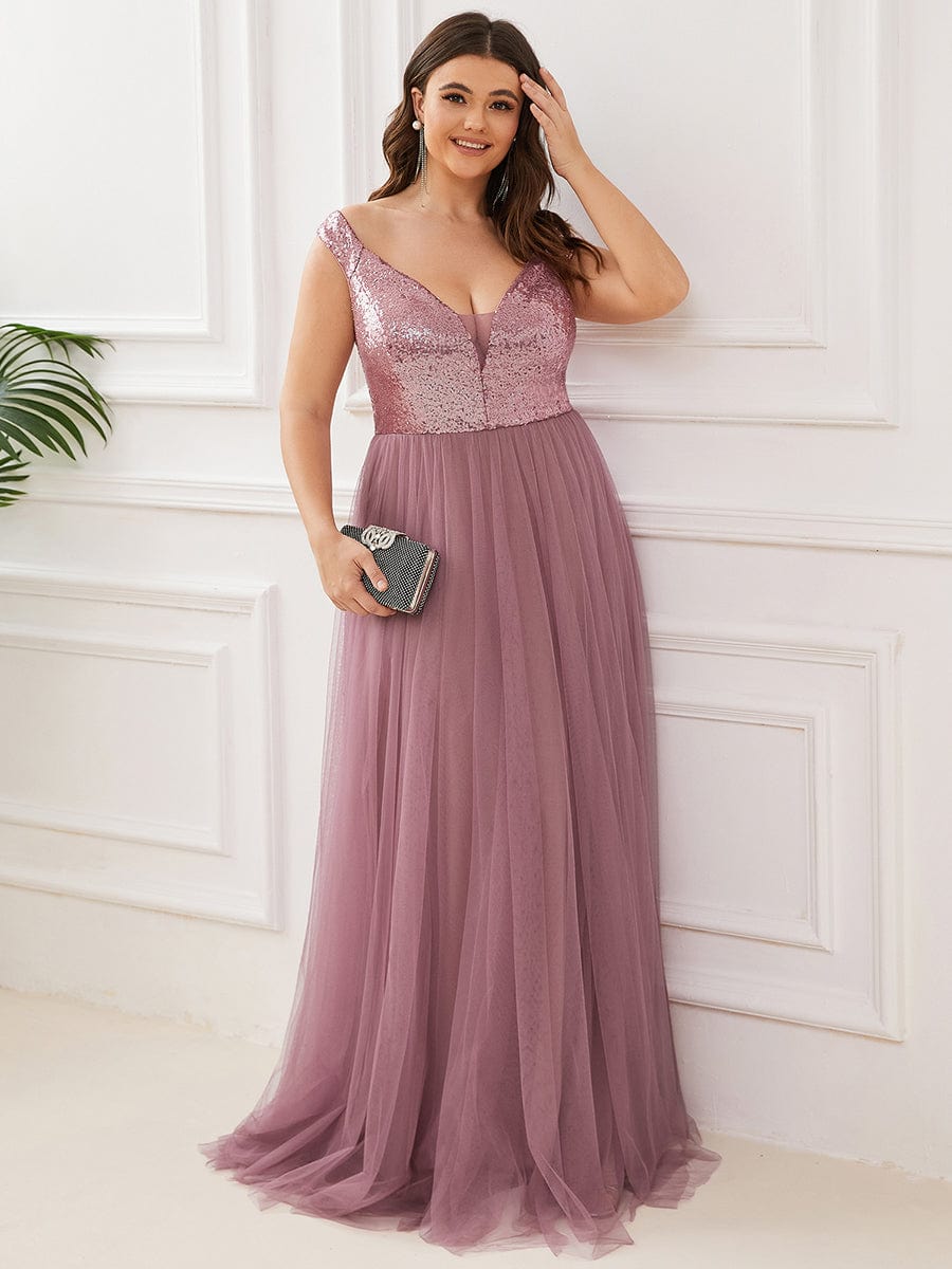 Custom Size A-line Sequin Off the Shoulder Maxi Tulle Evening Dress #color_Purple Orchid