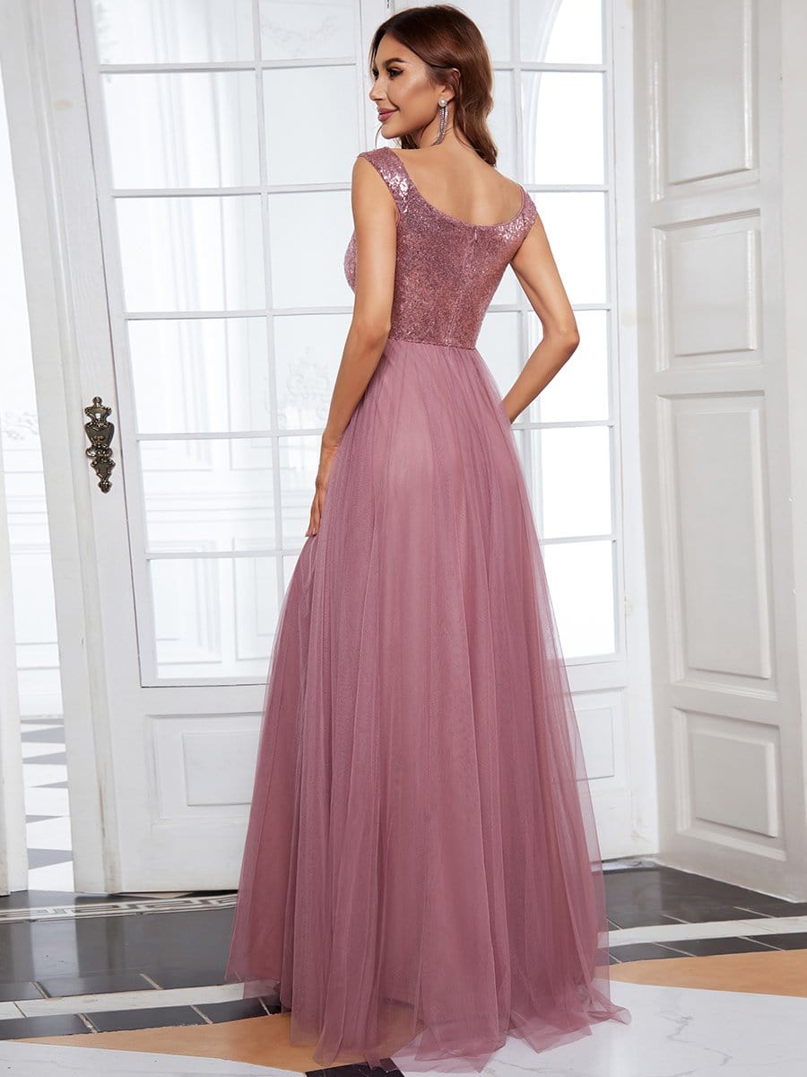 Shiny Sequin Bodice Off the Shoulder Maxi Tulle Evening Dress #color_Purple Orchid 