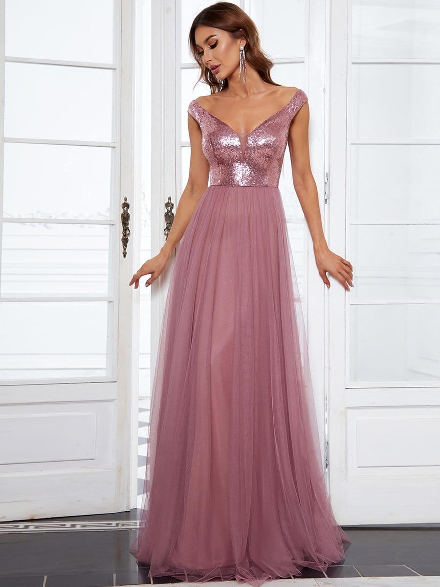 Shiny Sequin Bodice Off the Shoulder Maxi Tulle Evening Dress #color_Purple Orchid 