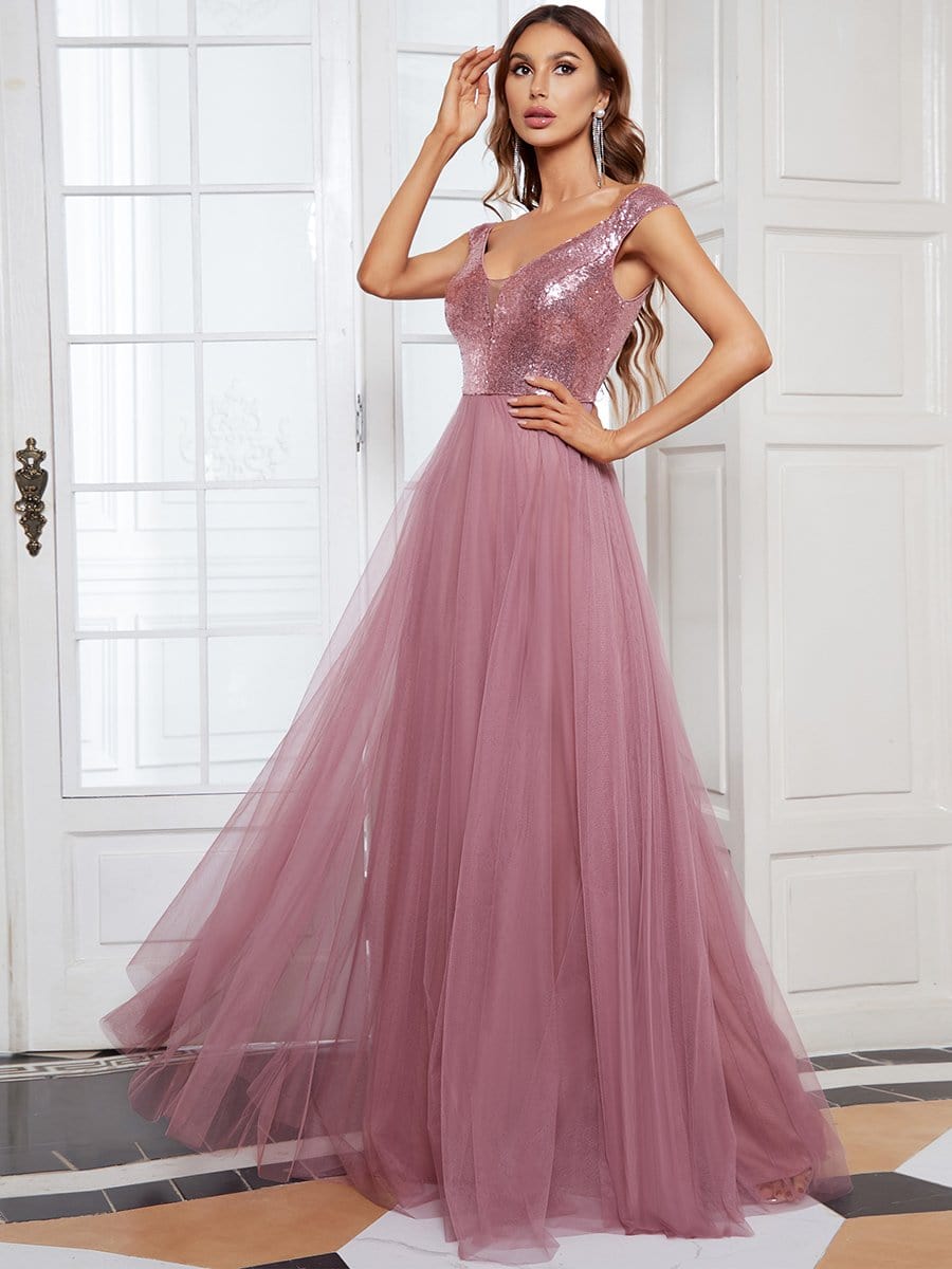 Shiny Sequin Bodice Off the Shoulder Maxi Tulle Evening Dress #color_Purple Orchid 