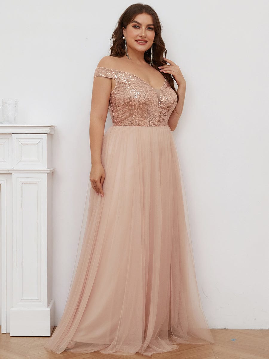 Custom Size A-line Sequin Off the Shoulder Maxi Tulle Evening Dress #color_Rose Gold