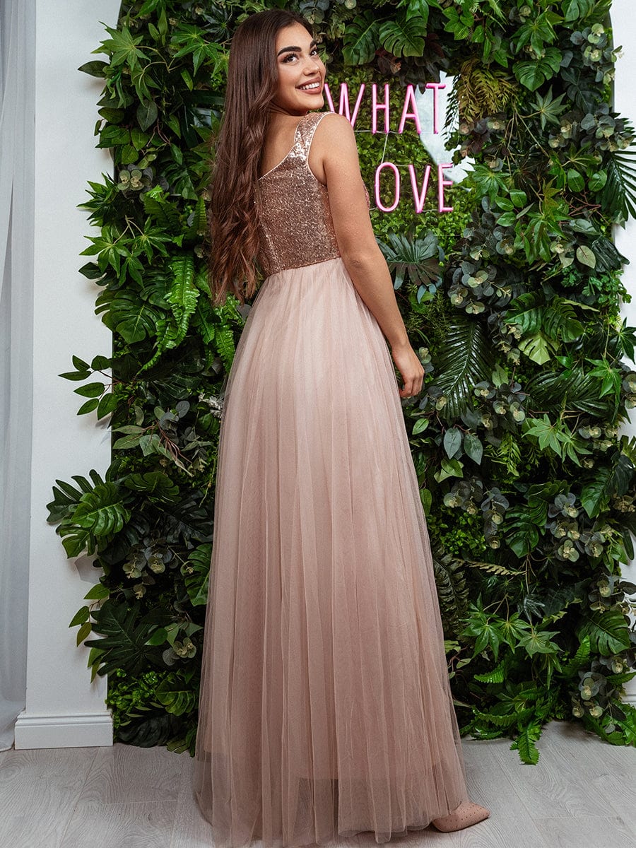 Shiny Sequin Bodice Off the Shoulder Maxi Tulle Evening Dress #color_Rose Gold 