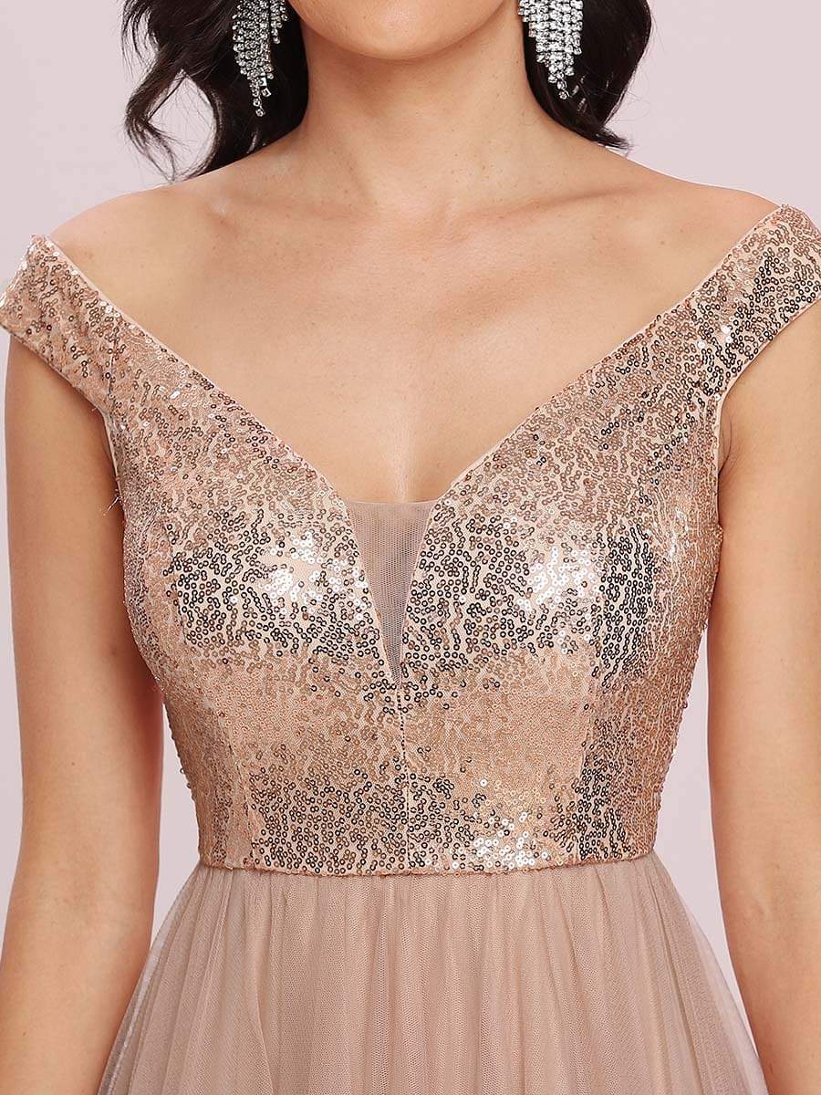 Shiny Sequin Bodice Off the Shoulder Maxi Tulle Evening Dress #color_Rose Gold 