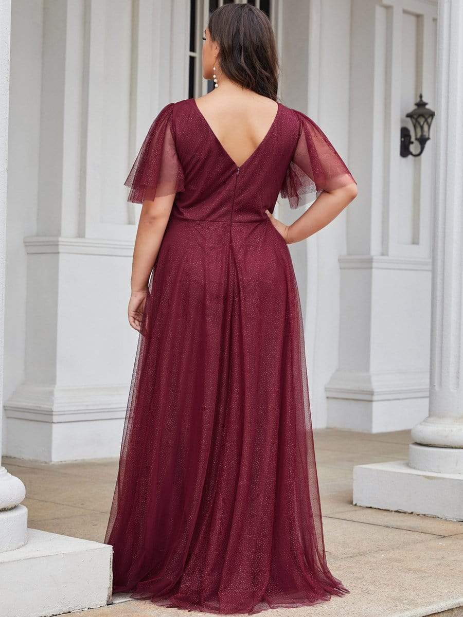 Romantic V Neck Tulle Evening Dress with Ruffle Sleeves #color_Burgundy