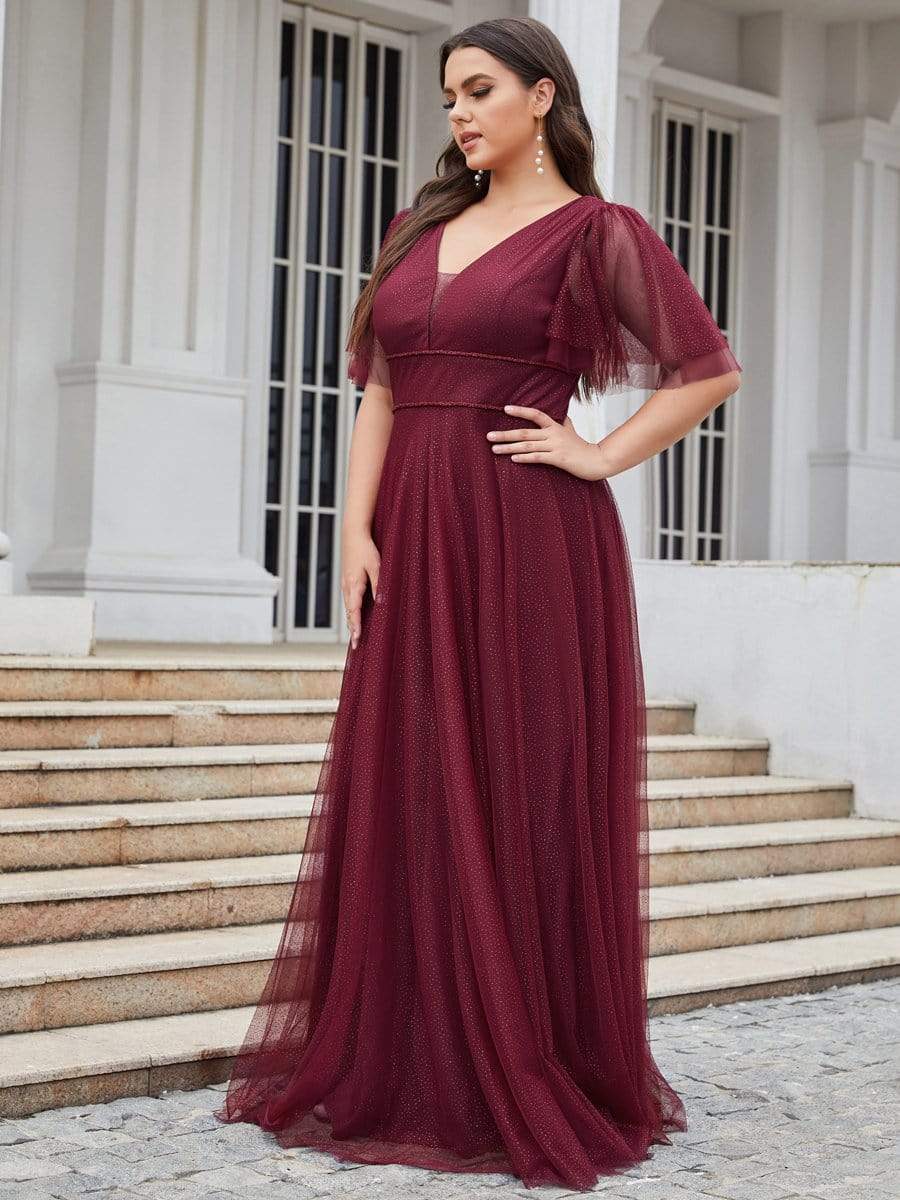 Plus Size Romantic V Neck Tulle Evening Dress with Ruffle Sleeves #color_Burgundy