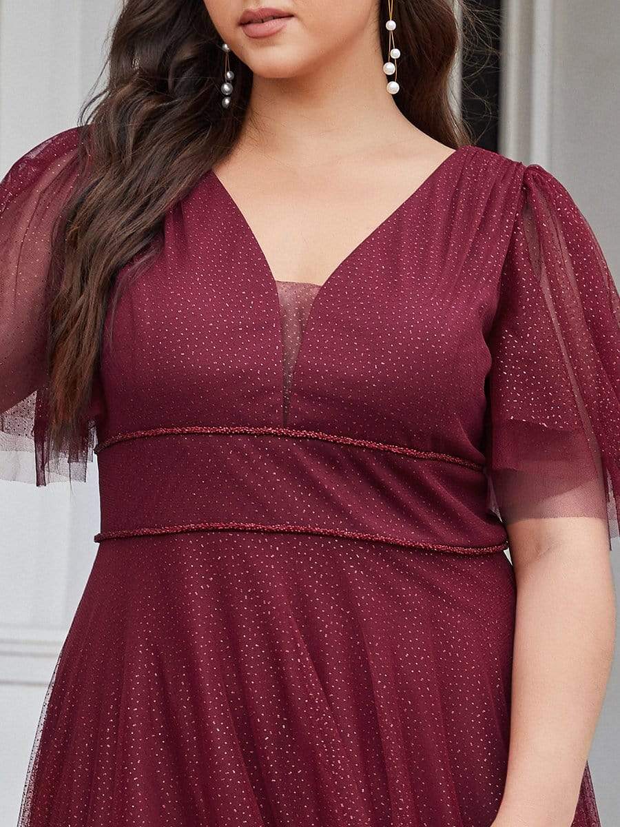 Plus Size Romantic V Neck Tulle Evening Dress with Ruffle Sleeves #color_Burgundy