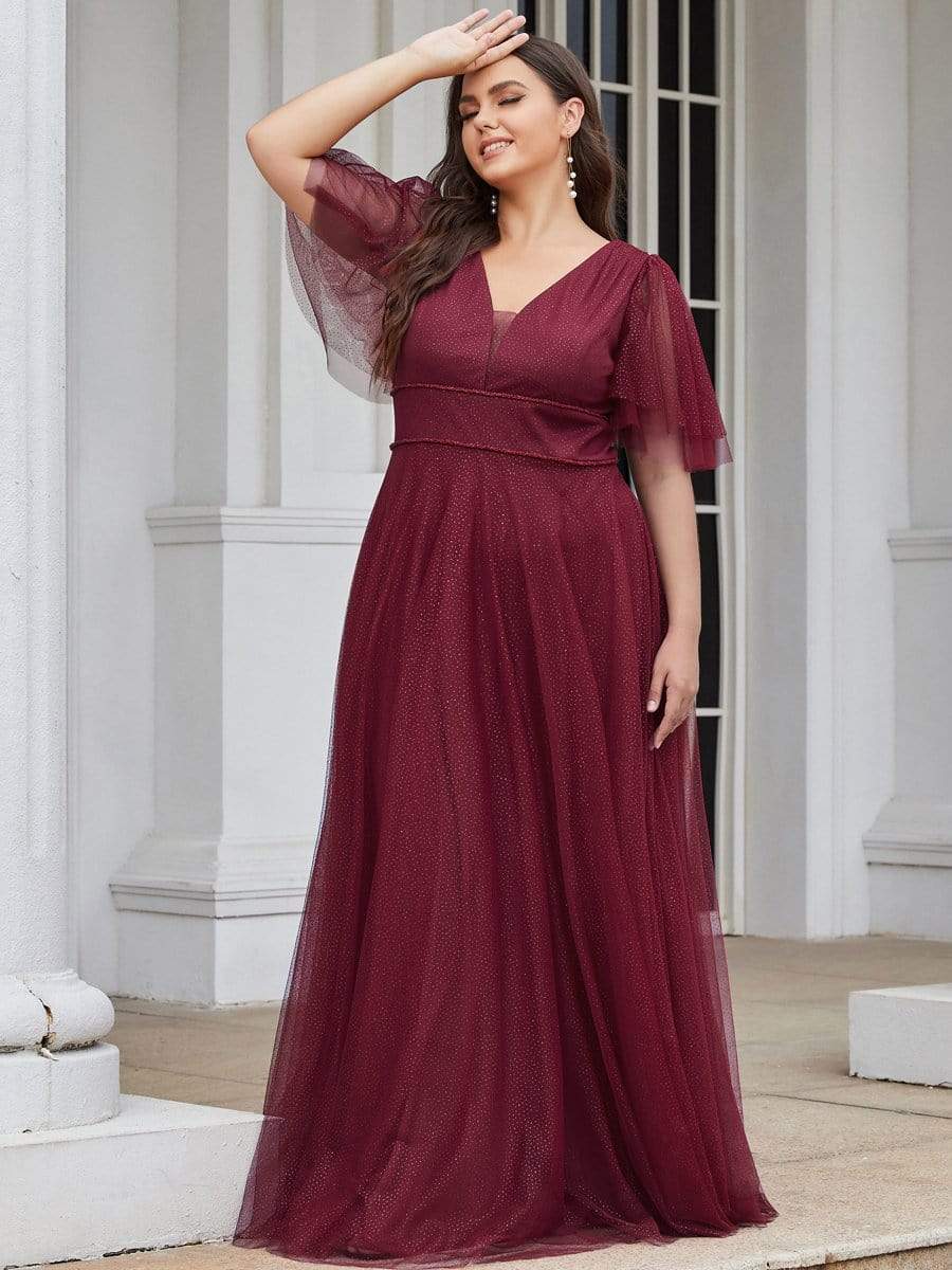 Romantic V Neck Tulle Evening Dress with Ruffle Sleeves #color_Burgundy