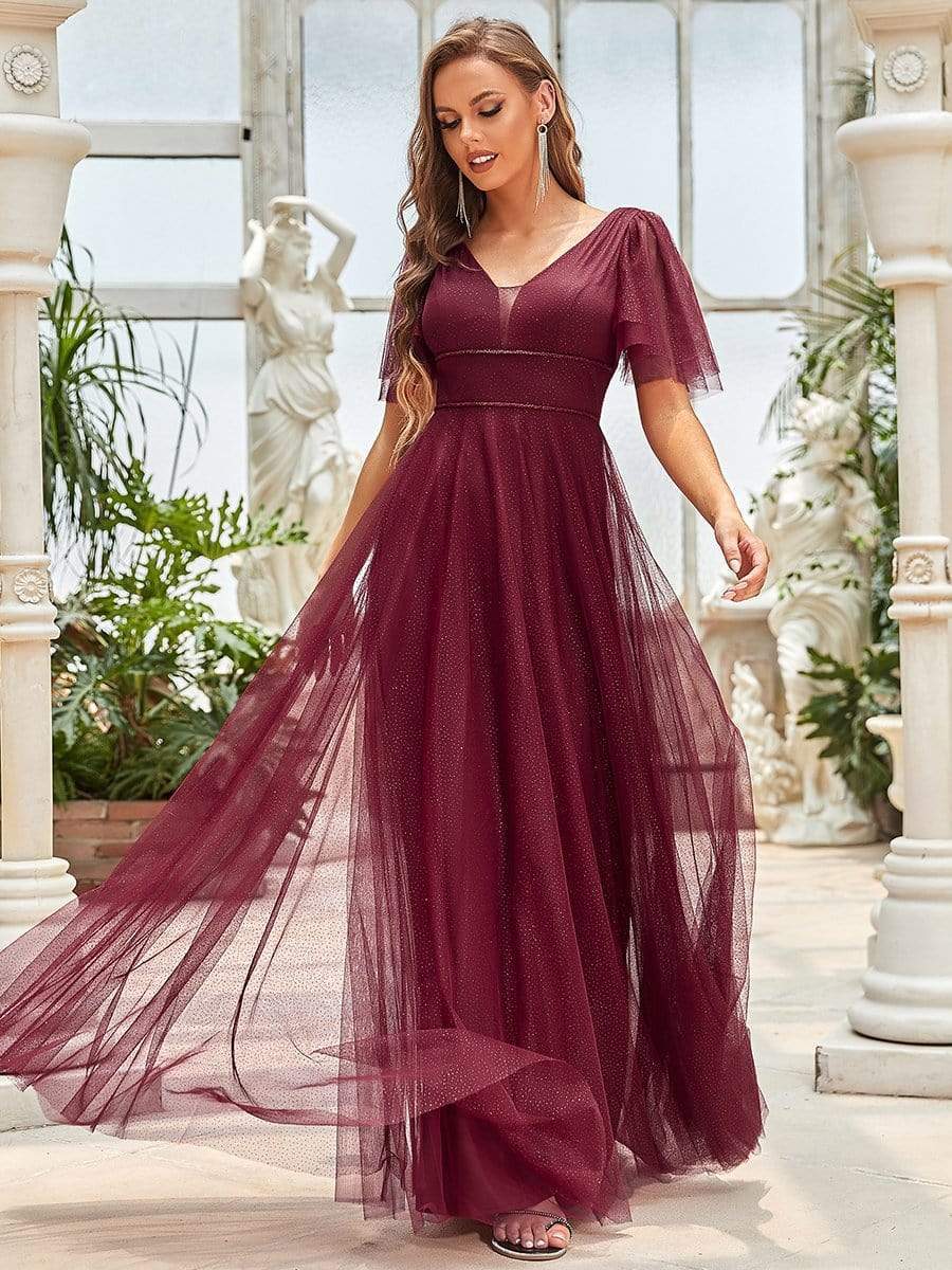 Romantic V Neck Tulle Evening Dress with Ruffle Sleeves #color_Burgundy