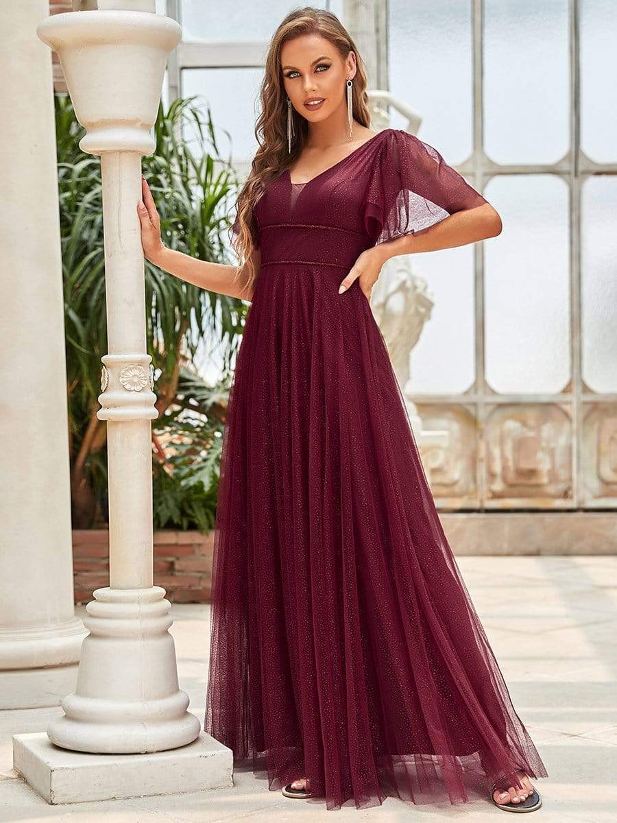 Romantic V Neck Tulle Evening Dress with Ruffle Sleeves #color_Burgundy