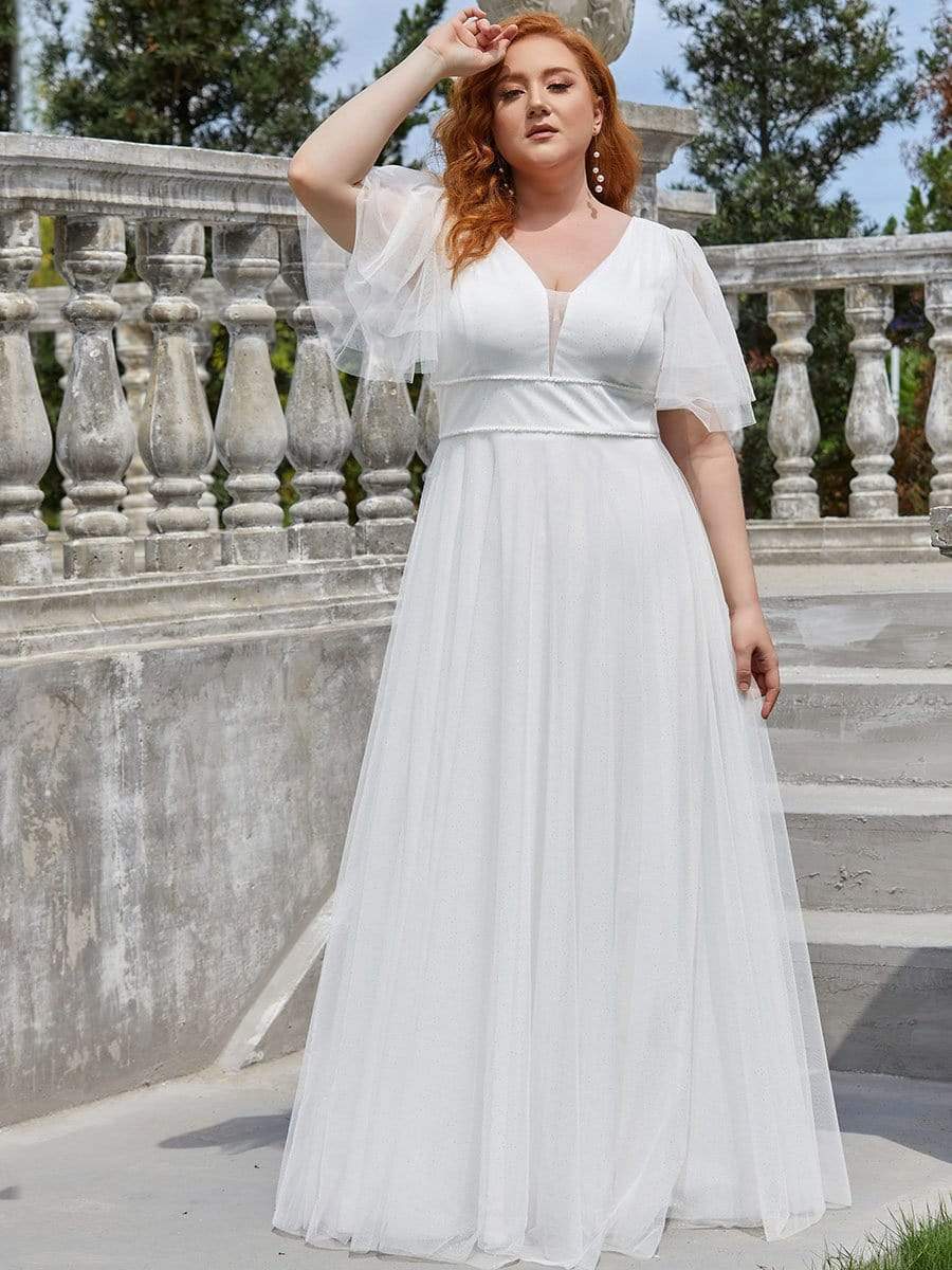 Plus Size Romantic V Neck Tulle Evening Dress with Ruffle Sleeves #color_Cream