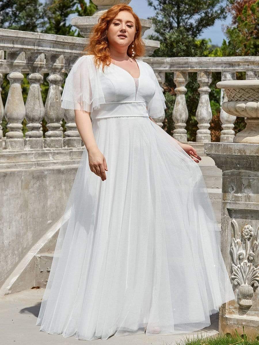 Plus Size Romantic V Neck Tulle Evening Dress with Ruffle Sleeves #color_Cream