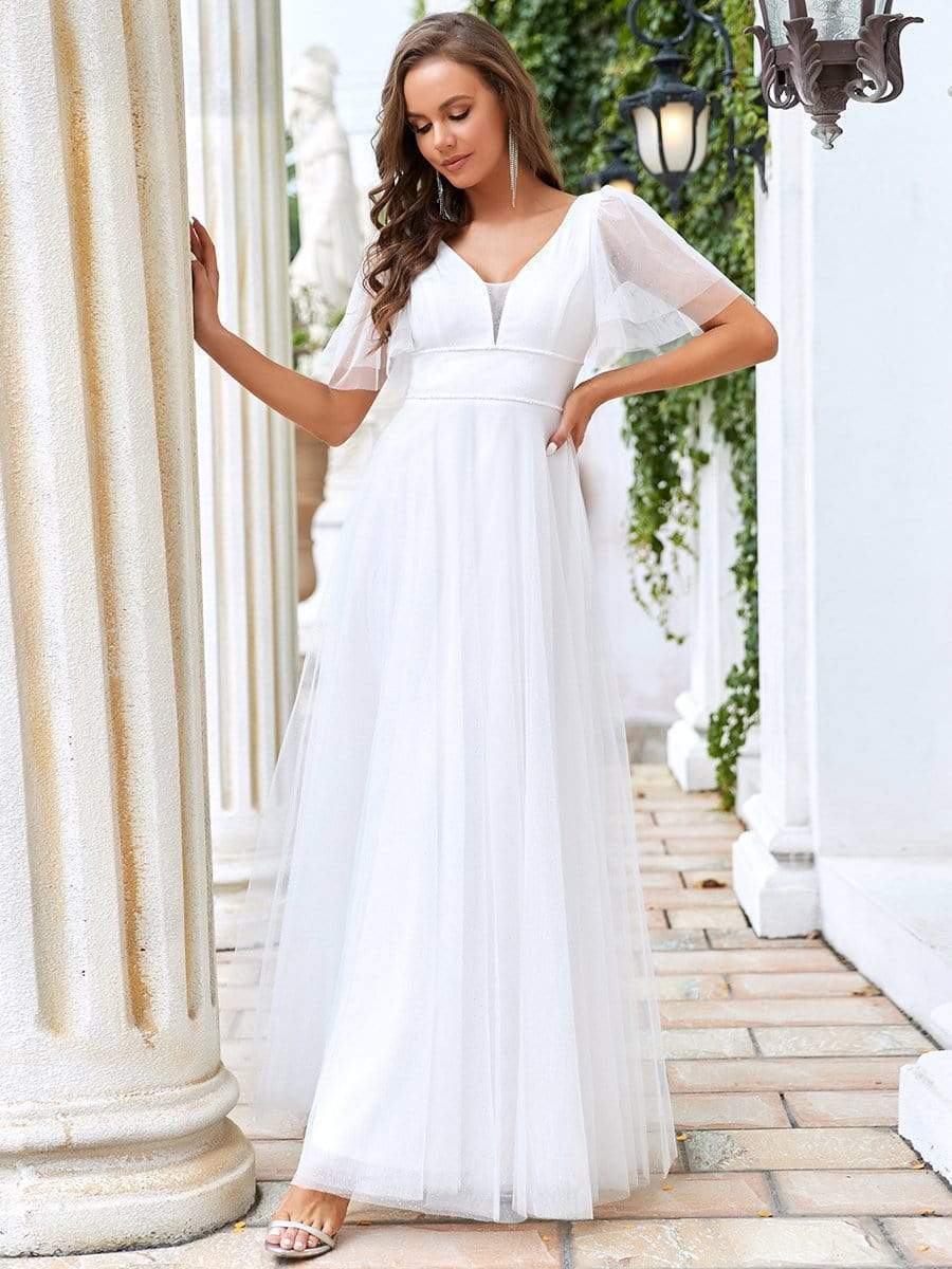 Romantic V Neck Tulle Evening Dress with Ruffle Sleeves #color_Cream