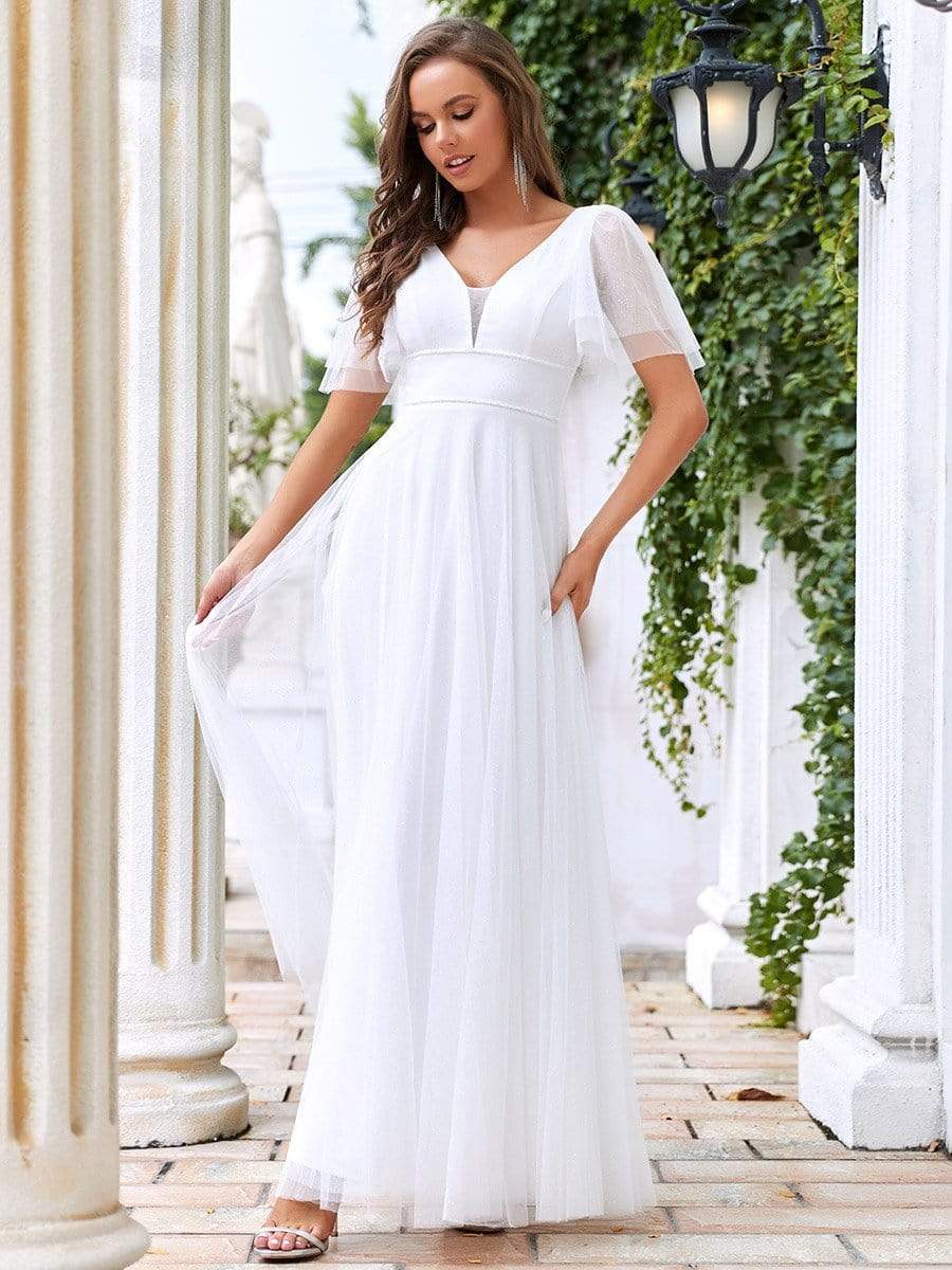 Romantic V Neck Tulle Evening Dress with Ruffle Sleeves #color_Cream