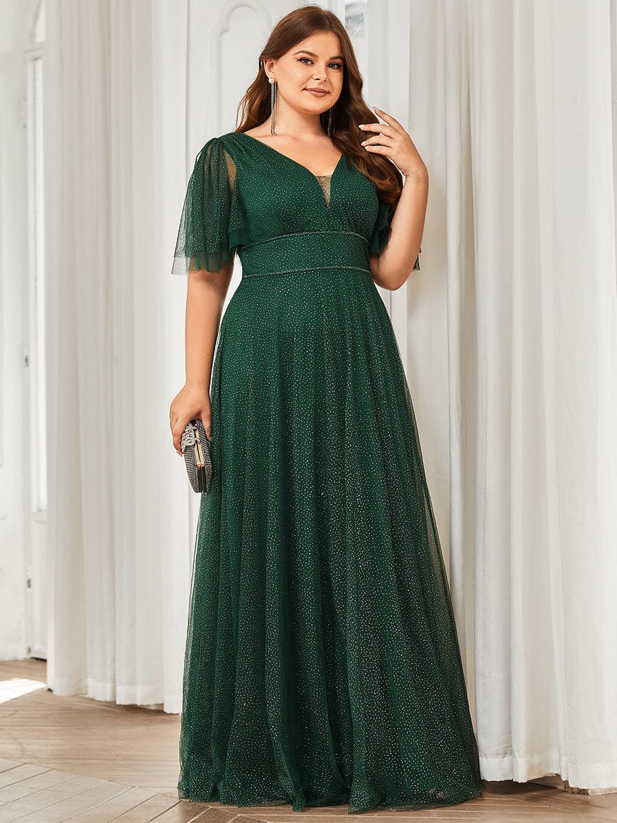 Plus Size Romantic V Neck Tulle Evening Dress with Ruffle Sleeves #color_Dark Green