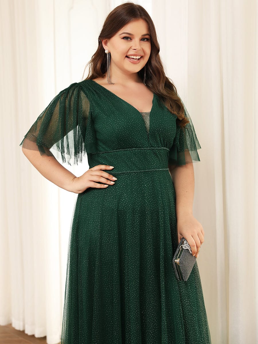 Plus Size Romantic V Neck Tulle Evening Dress with Ruffle Sleeves #color_Dark Green