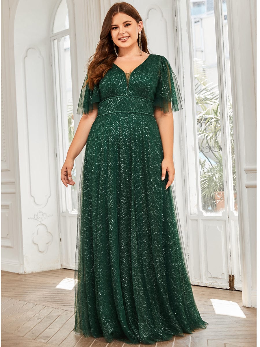 Romantic V Neck Tulle Evening Dress with Ruffle Sleeves #color_Dark Green