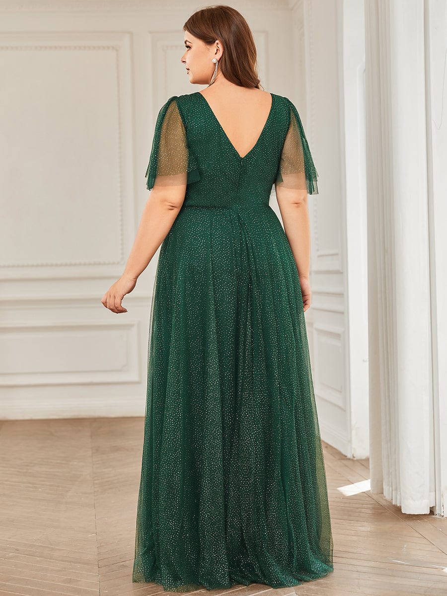 Plus Size Romantic V Neck Tulle Evening Dress with Ruffle Sleeves #color_Dark Green